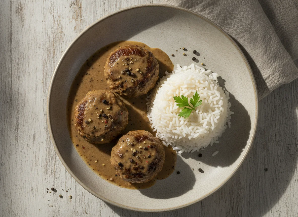 Albóndigas con salsa de pimienta y arroz photo