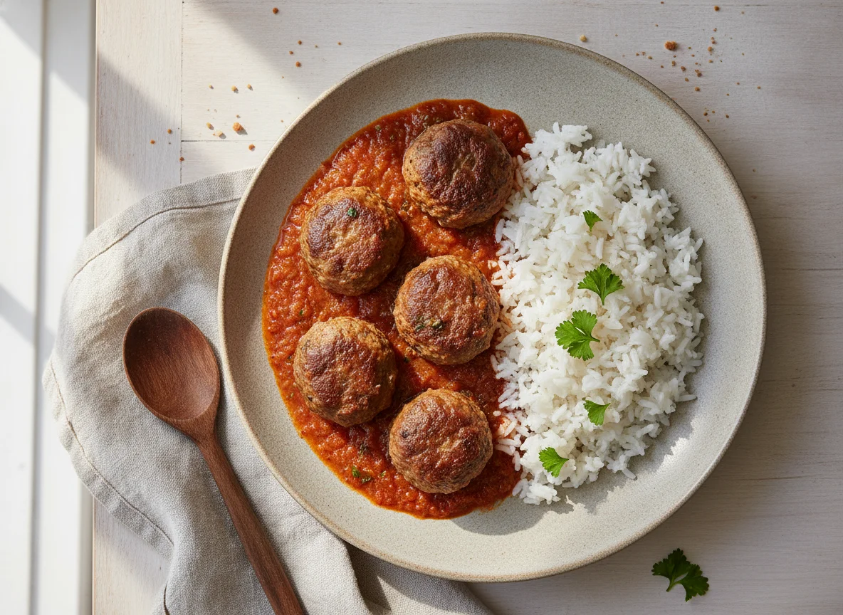 Albóndigas con salsa y arroz blanco photo