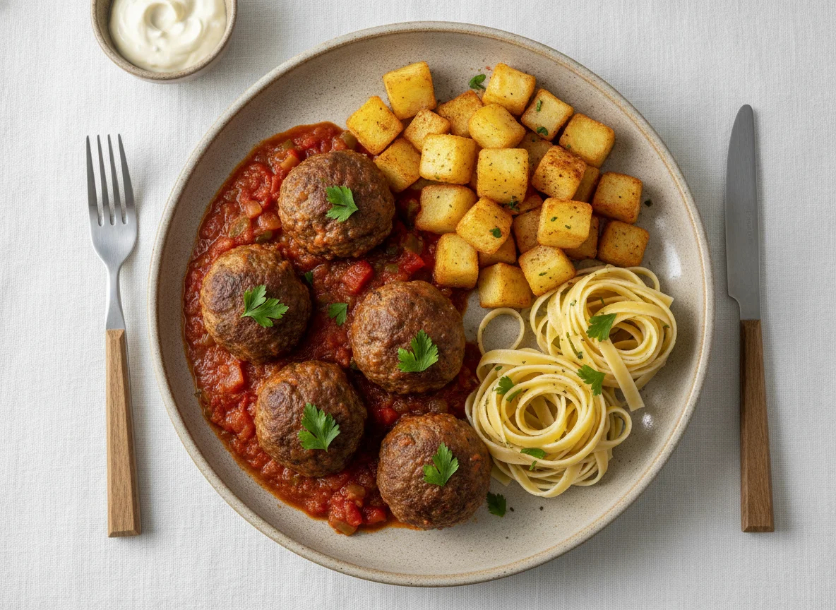 Albóndigas con salsa y guarnición photo