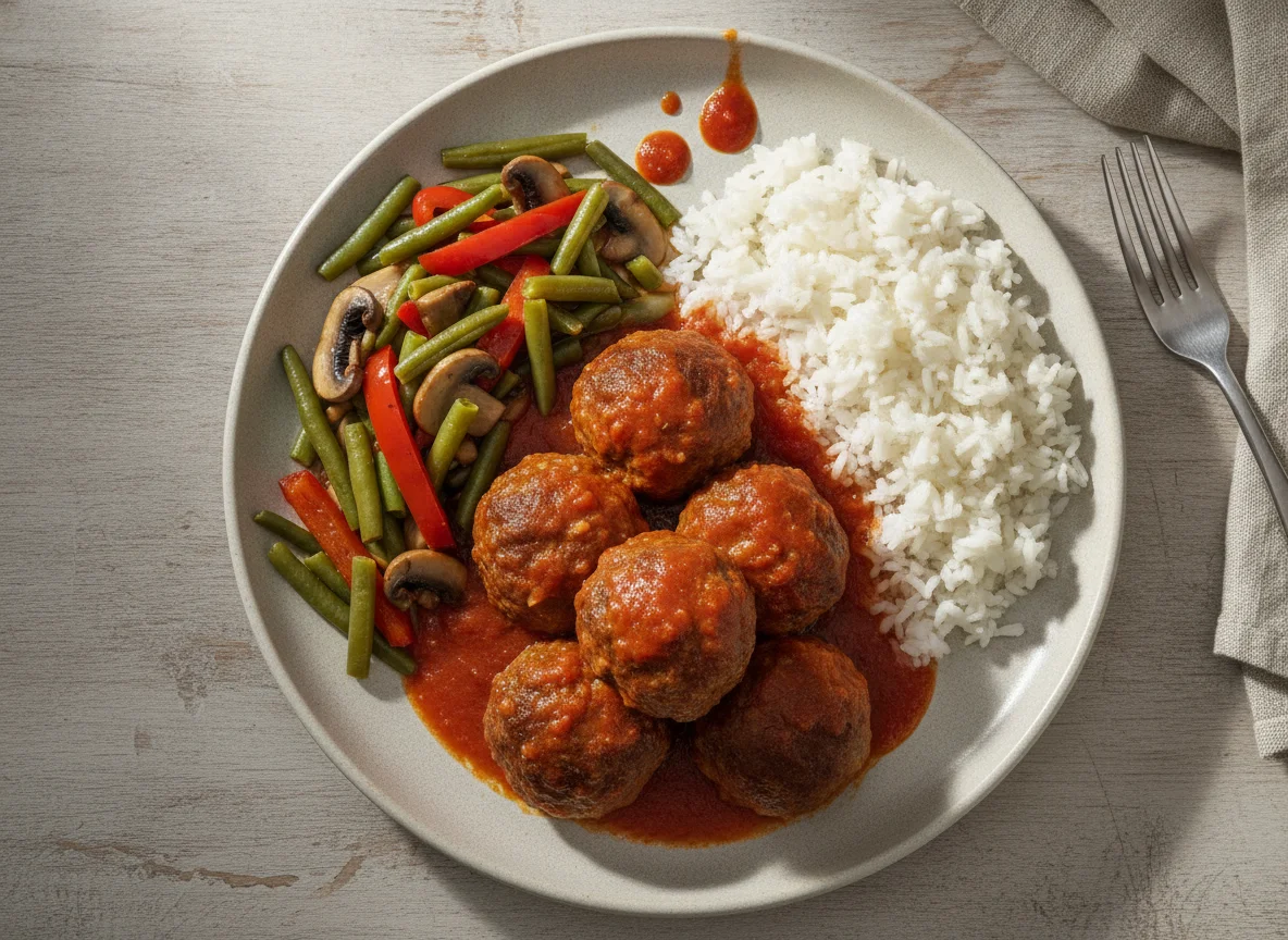 Albóndigas con tomate, arroz blanco y verduras salteadas photo