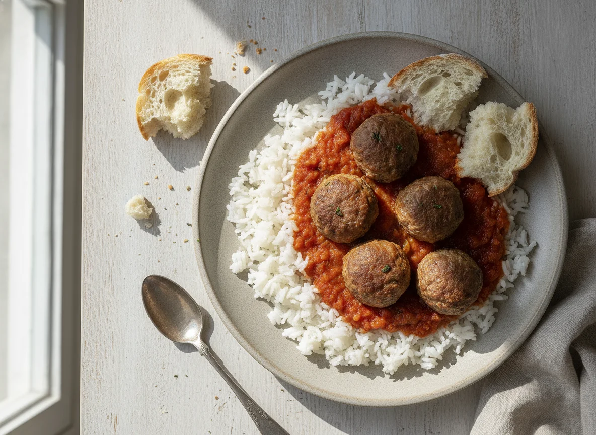 Albóndigas con tomate y arroz blanco photo