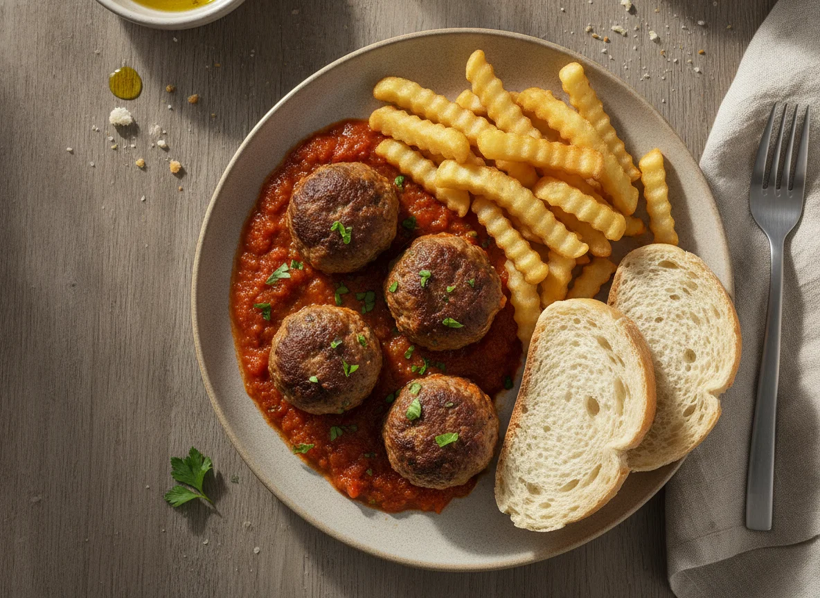 Albóndigas con tomate y patatas fritas photo