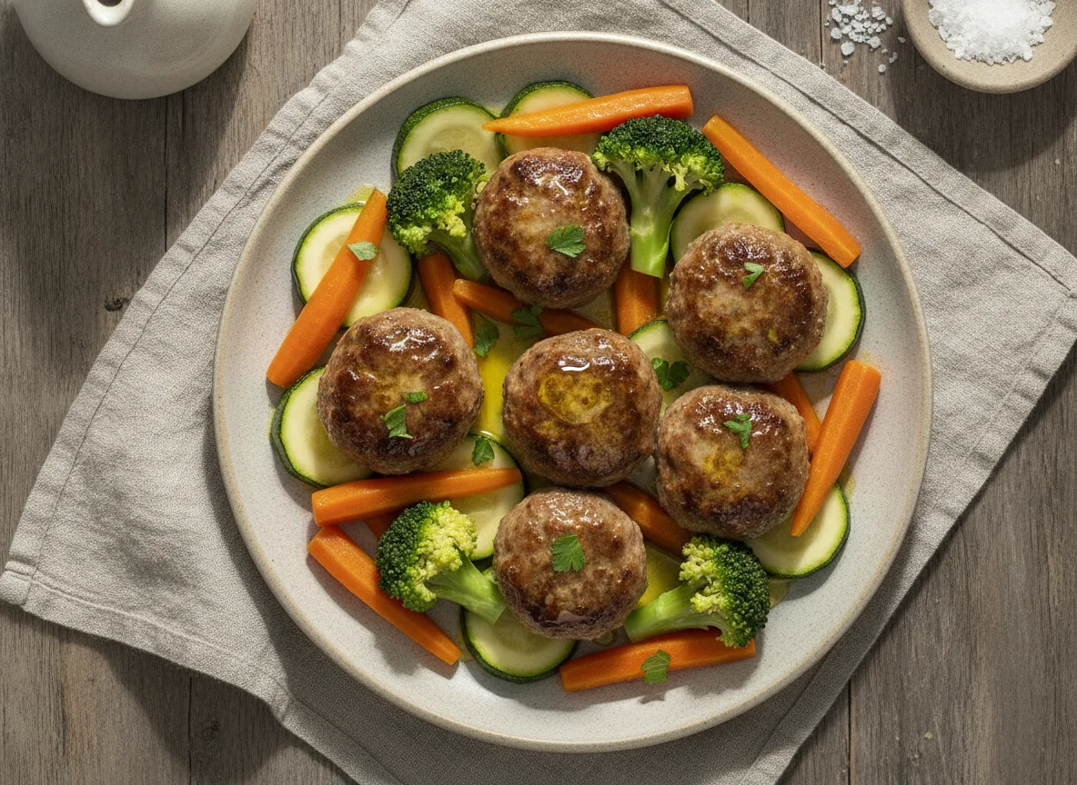 Albóndigas con verduras al vapor photo