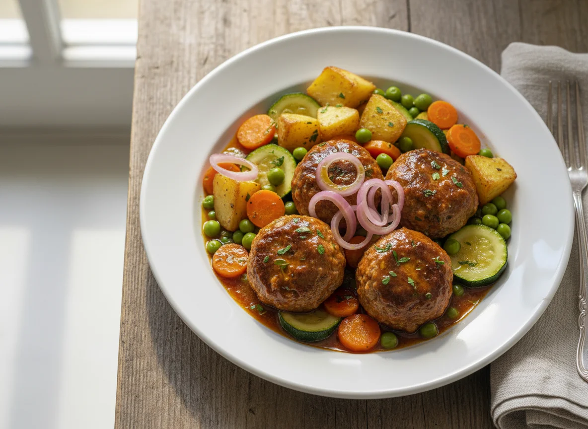 Albóndigas con verduras salteadas y cebollitas encurtidas photo