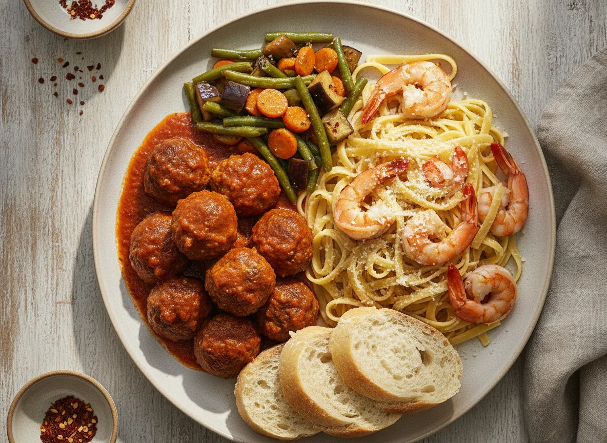 Albóndigas con verduras y pasta con gambas photo