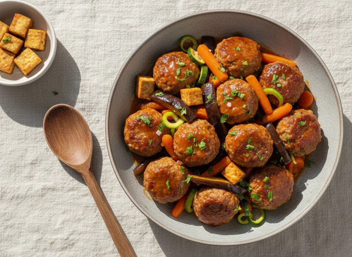Albóndigas con verduras y tofu photo