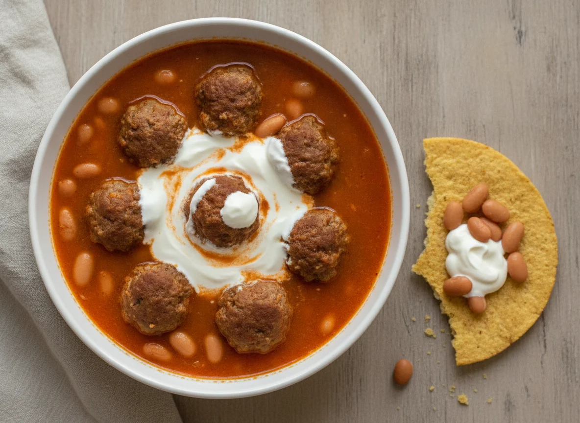 Albóndigas en caldillo con frijoles y crema photo