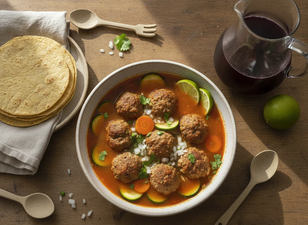 Albondigas en caldo con tortillas y jugo photo