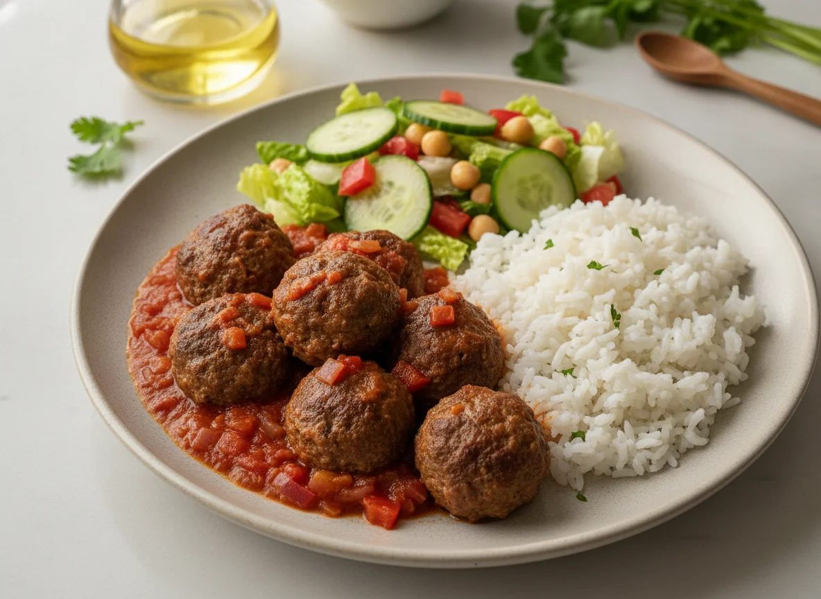 Albóndigas en salsa con arroz y ensalada de garbanzos photo