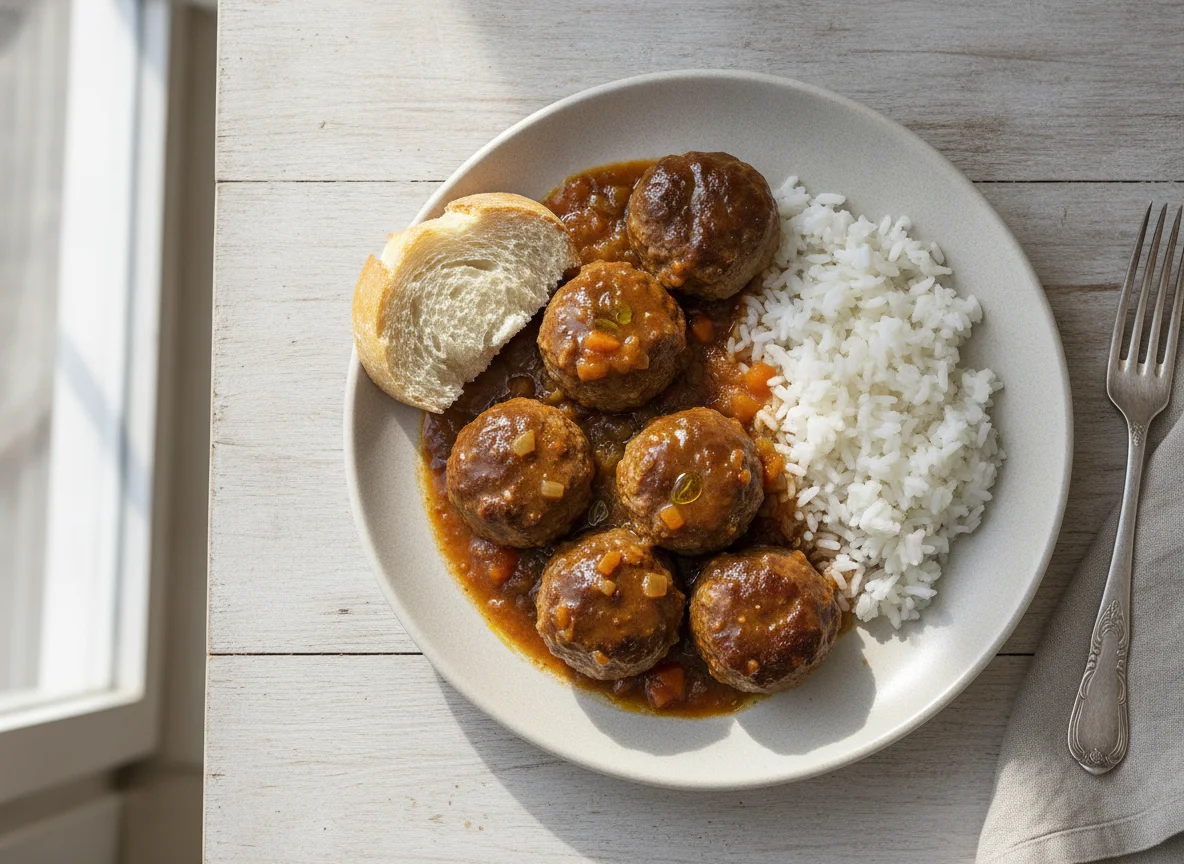Albóndigas en salsa con arroz y pan photo