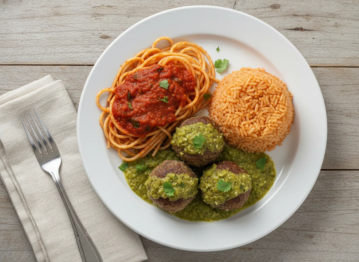 Albóndigas en salsa verde con arroz rojo y espagueti photo