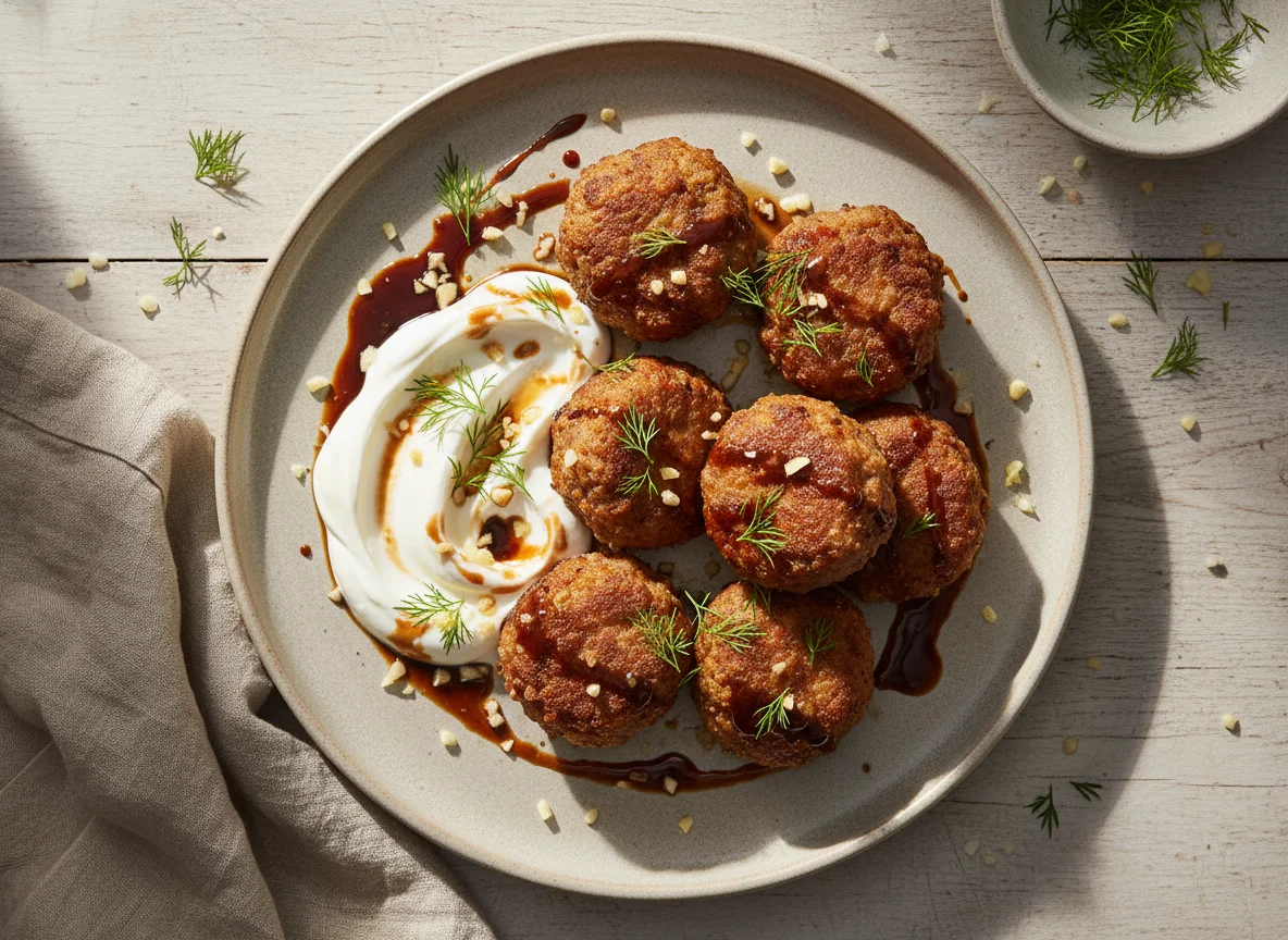 Albóndigas fritas con crema agria y eneldo photo