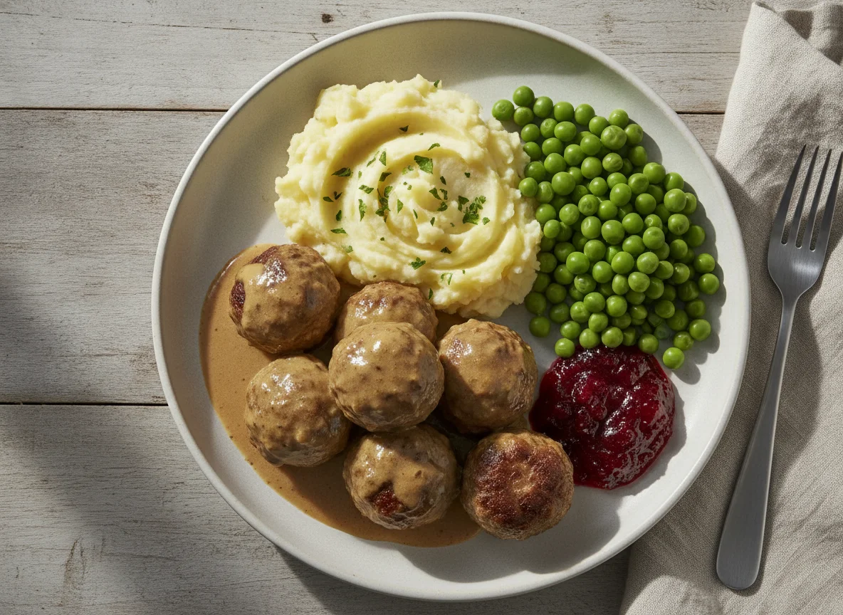 Albóndigas suecas con puré de patatas, guisantes y mermelada de arándanos photo