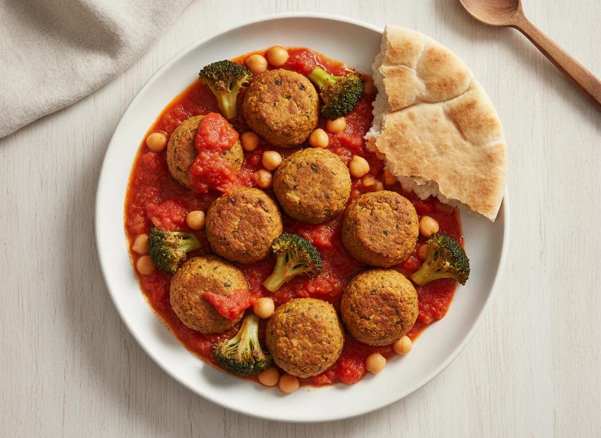 Albóndigas vegetales con garbanzos, brócoli y salsa de tomate photo