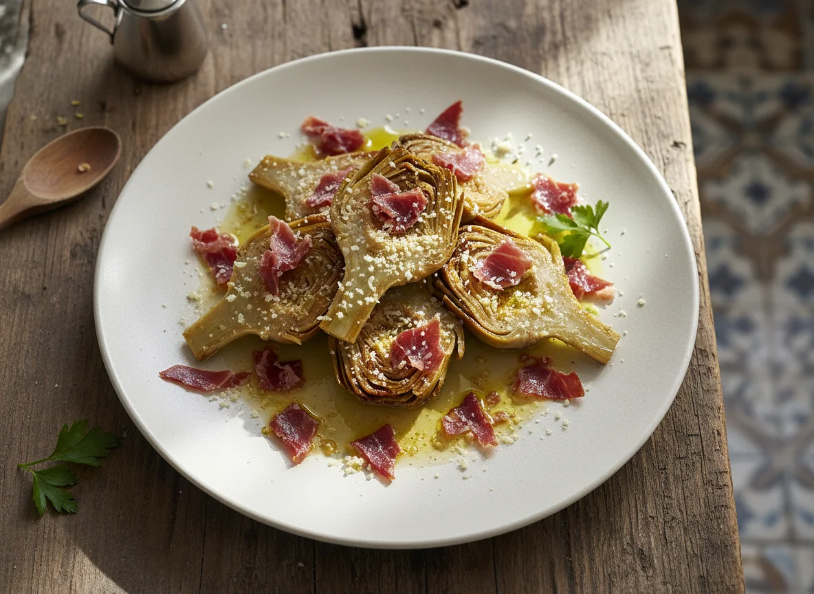 Alcachofa confitada con jamón y queso photo