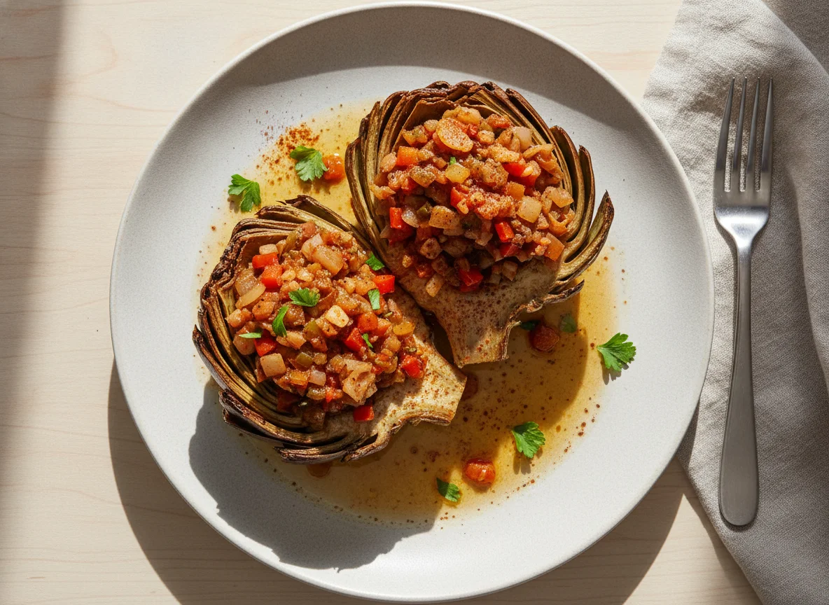 Alcachofa rellena con sofrito y salsa photo