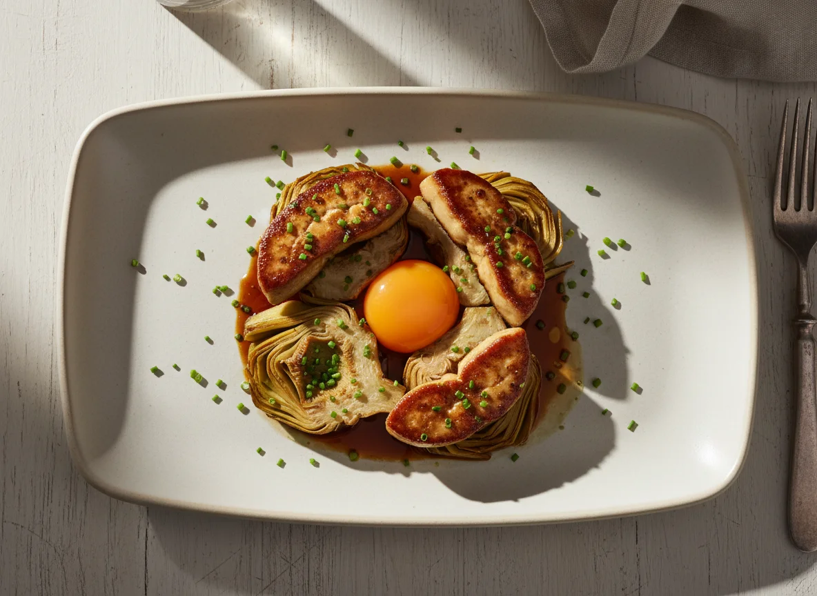 Alcachofas con foie y yema de huevo photo