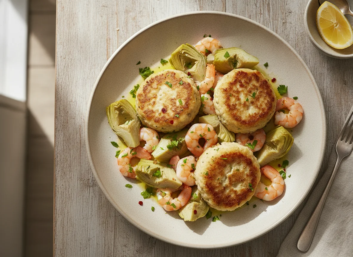 Alcachofas con gambas y tortitas de pescado photo