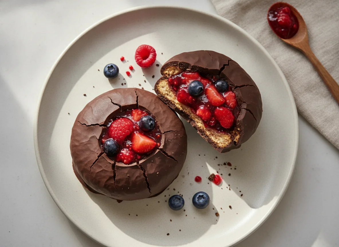 Alfajor de chocolate con relleno de frutos rojos photo