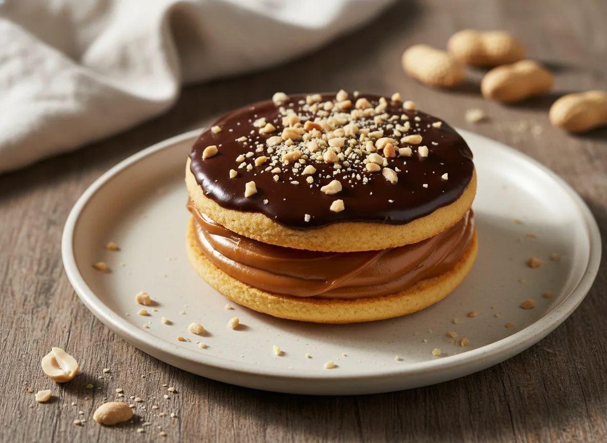 Alfajor de maicena con chocolate y maní photo