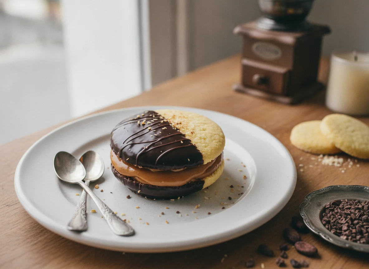 Alfajor de maicena con dulce de leche y chocolate photo