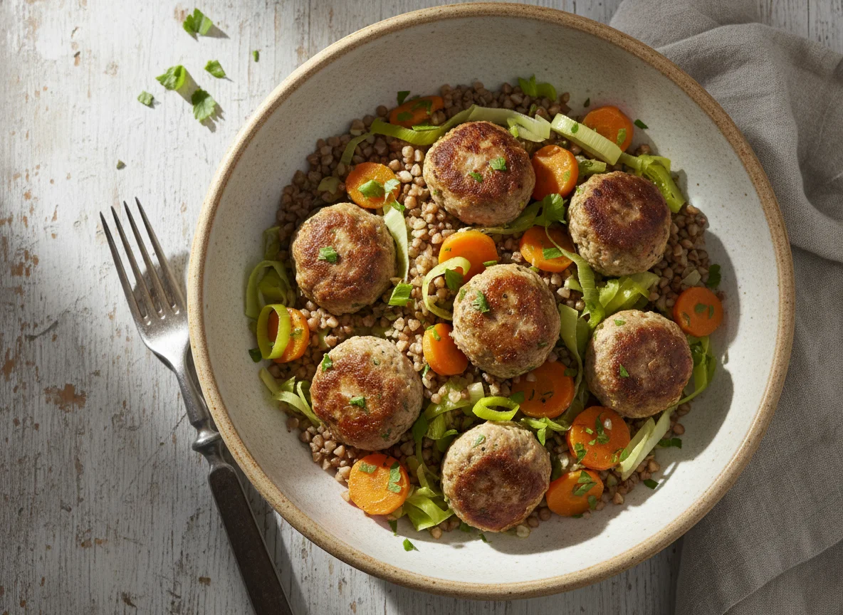 Alforfón con verduras y albóndigas de pollo photo