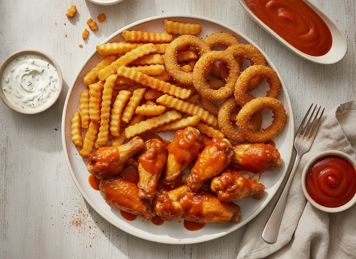 Alitas de pollo con papas fritas y aro de cebolla photo