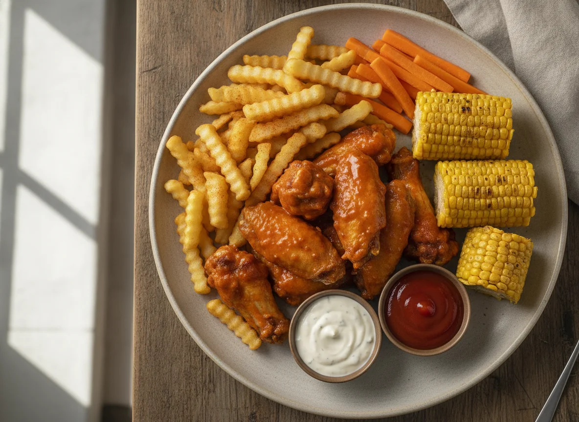 Alitas de pollo con patatas fritas y verduras photo