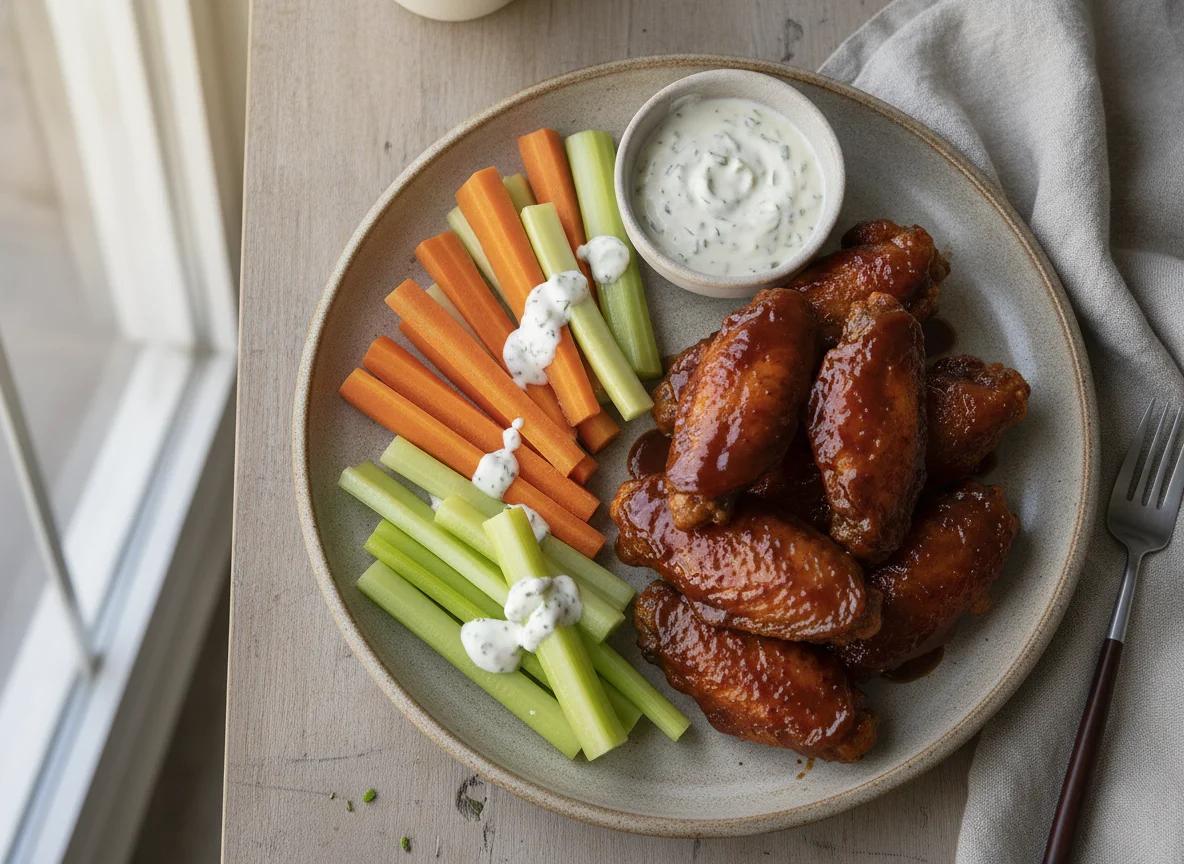 Alitas de pollo con salsa barbacoa, apio, zanahoria y aderezo ranch photo