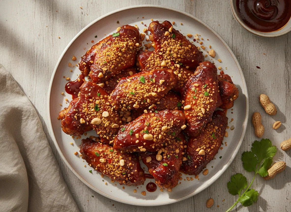 Alitas de pollo con salsa BBQ y topping crujiente photo