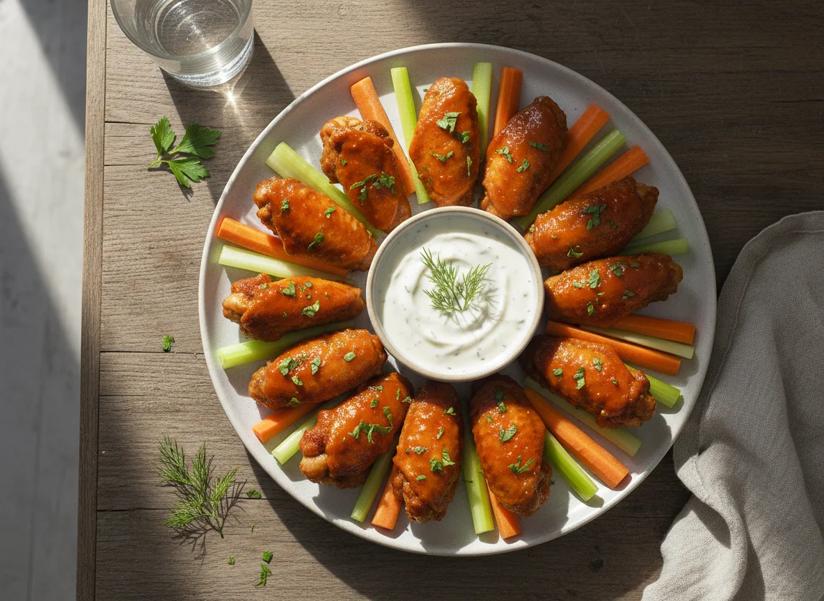 Alitas de pollo deshuesadas con aderezo y vegetales photo
