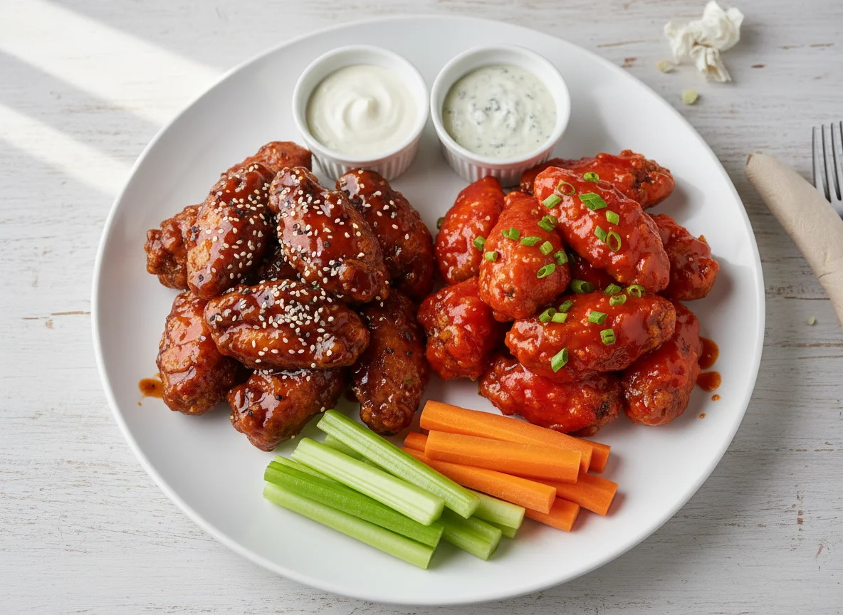 Alitas de pollo deshuesadas con aderezos y vegetales photo