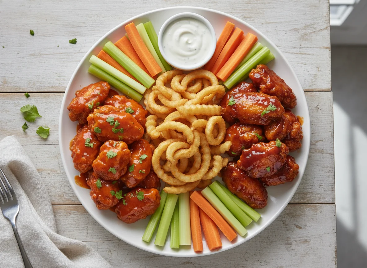 Alitas de pollo deshuesadas con papas fritas y vegetales photo