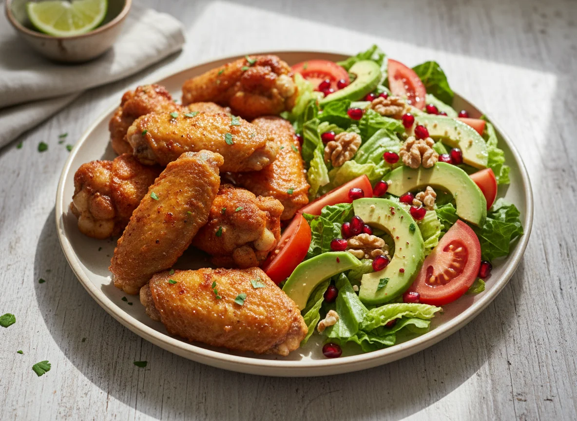 Alitas de pollo fritas con ensalada de aguacate y granada photo