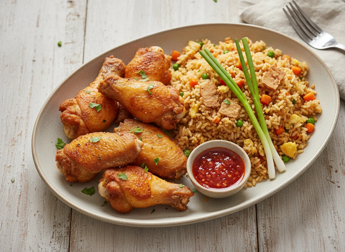 Alitas de pollo y arroz frito photo