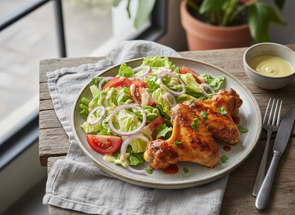 Alitas de pollo y ensalada mixta photo