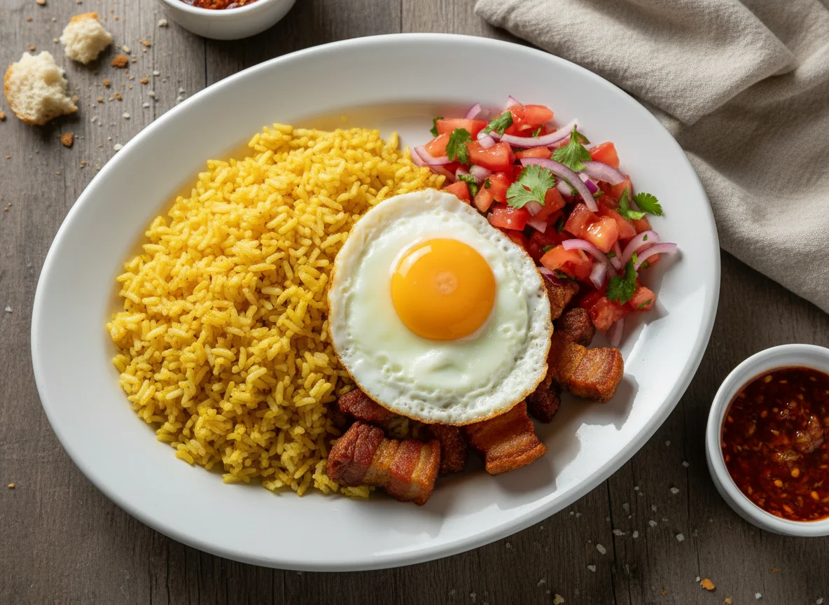 Almuerzo boliviano con arroz, huevo y carne photo