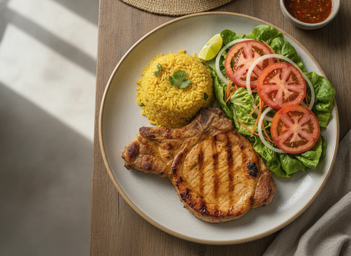 Almuerzo casero colombiano con chuleta de cerdo, arroz y ensalada photo