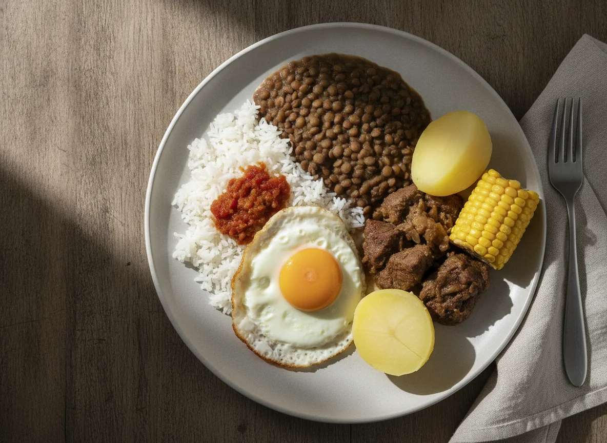 Almuerzo casero colombiano con lentejas, arroz, huevo y papa photo
