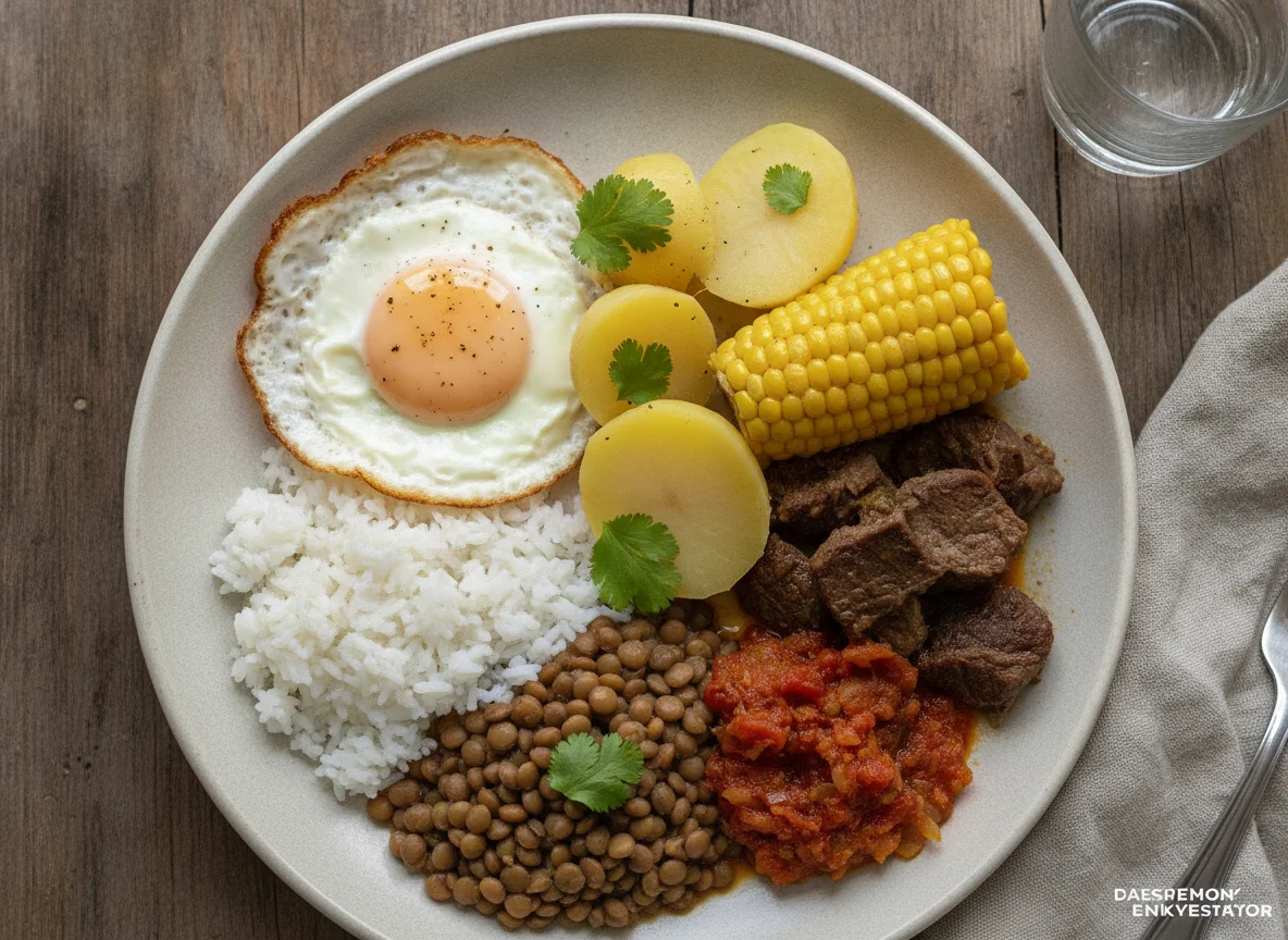 Almuerzo casero colombiano con lentejas, arroz y huevo photo