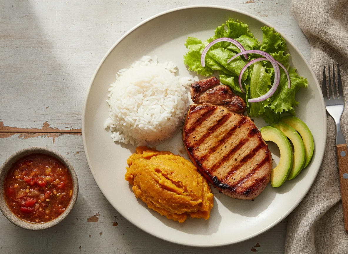 Almuerzo casero colombiano con lomo de cerdo, arroz y ensalada photo