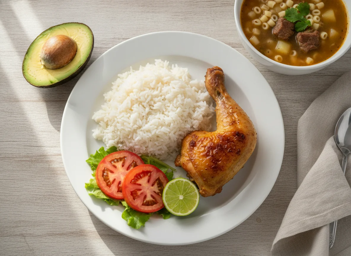 Almuerzo casero colombiano con pollo, arroz y sopa de pasta photo