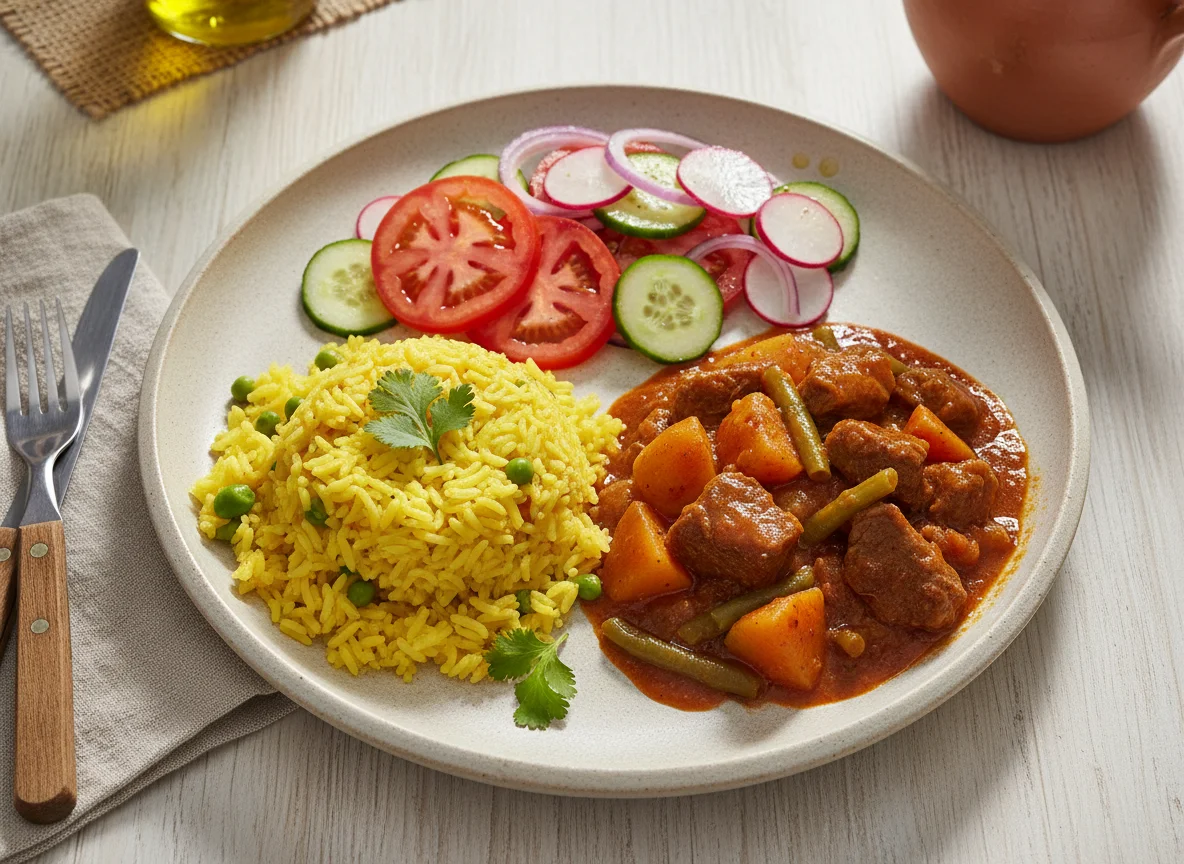 Almuerzo casero con arroz, guisado y ensalada photo