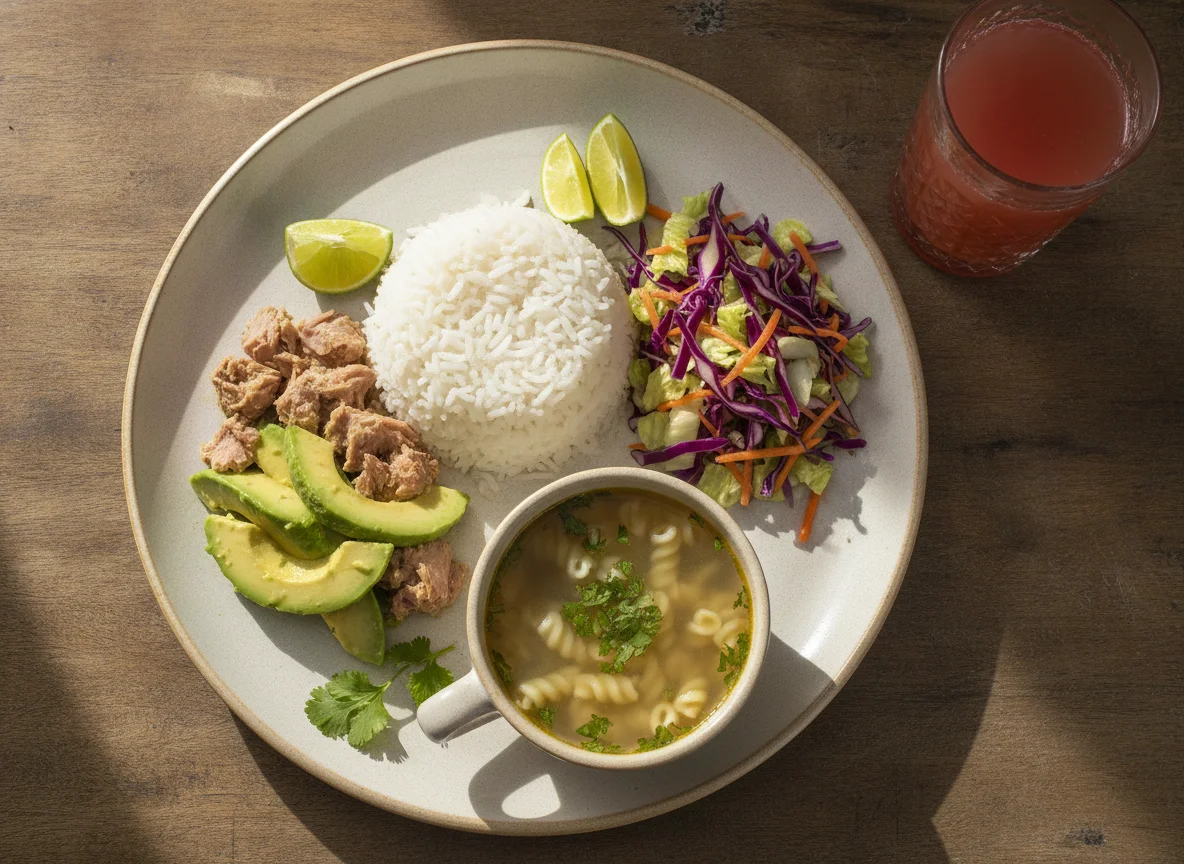 Almuerzo casero con atún, arroz, ensalada y sopa photo