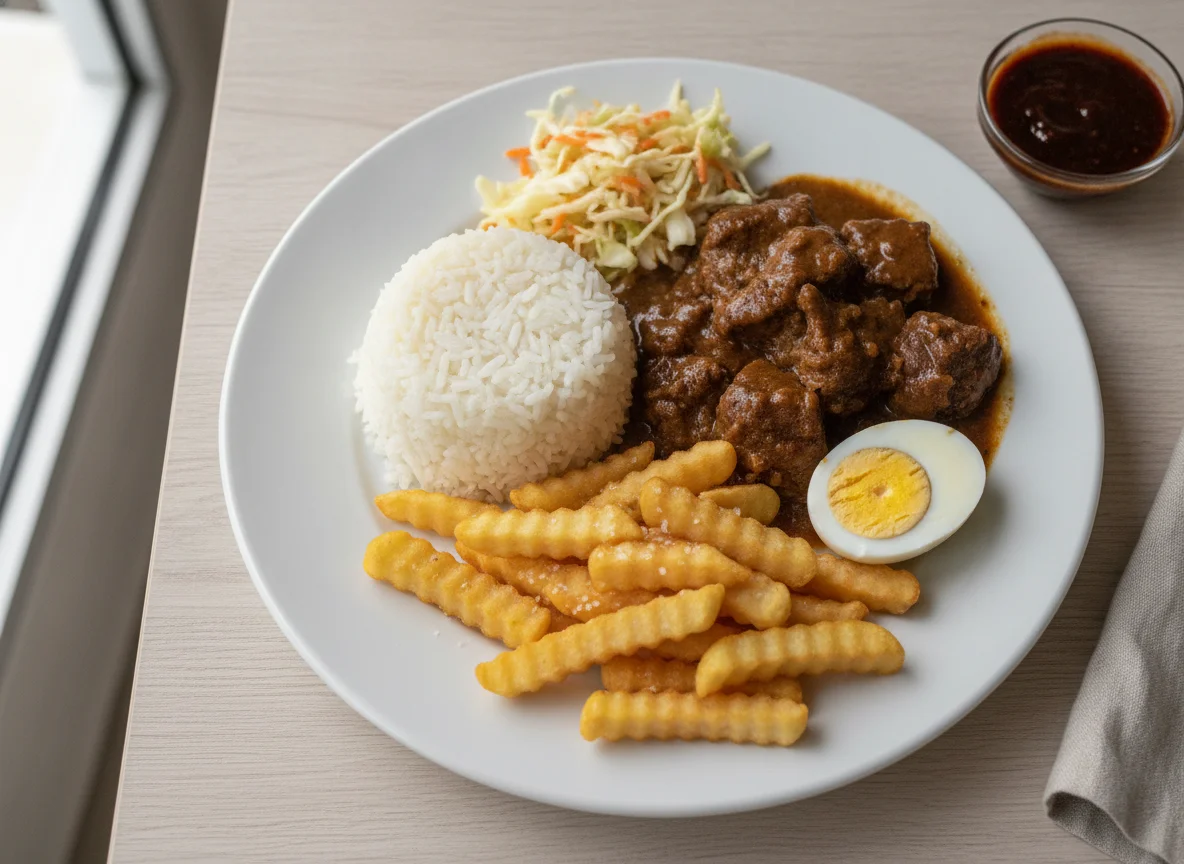 Almuerzo casero con carne, arroz, huevo y papas photo
