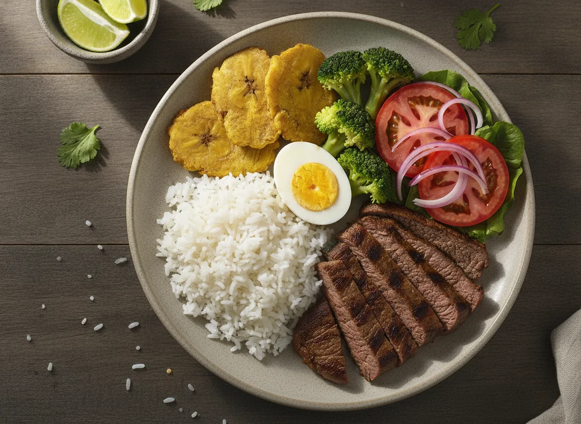 Almuerzo casero con carne, arroz, patacón y ensalada photo
