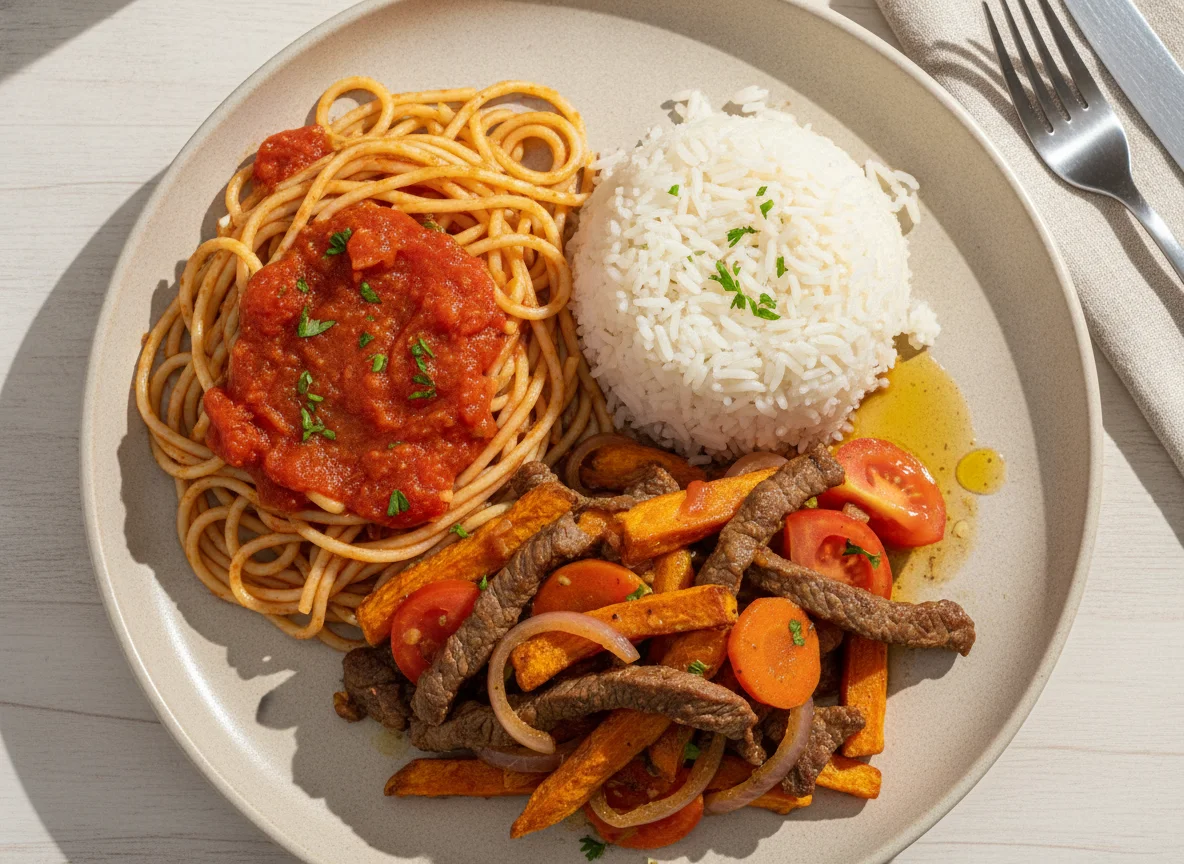 Almuerzo casero con pasta, arroz y lomo saltado photo