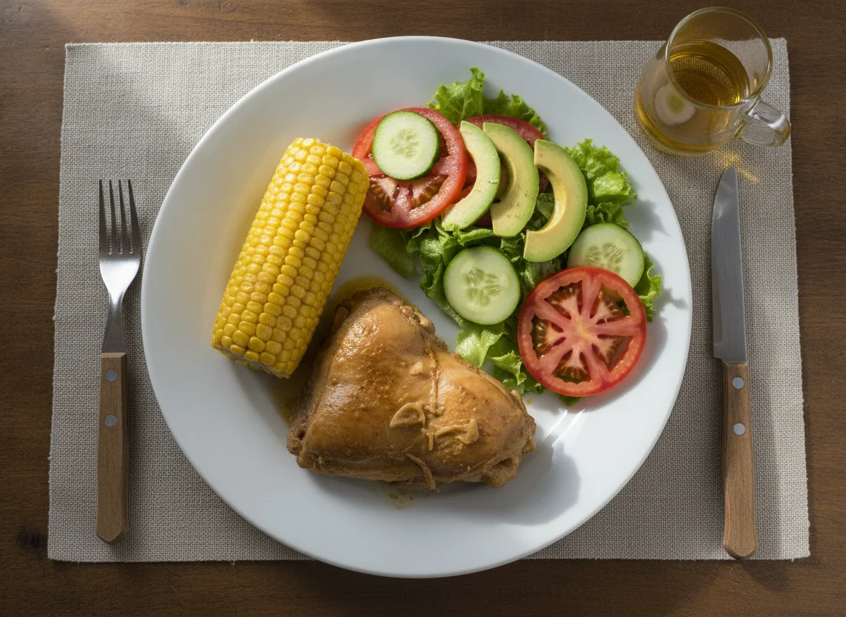 Almuerzo casero con pollo, ensalada y mazorca photo