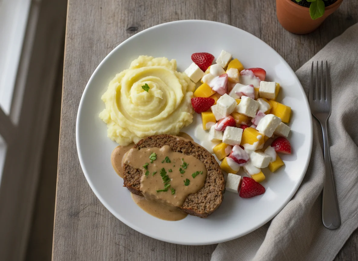 Almuerzo casero con puré de papa, pastel de carne y ensalada de frutas con queso photo