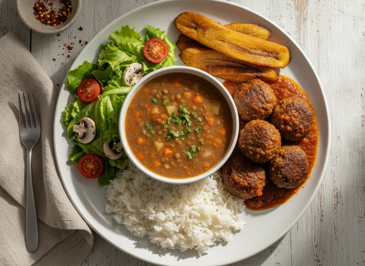 Almuerzo casero con sopa de lentejas, albóndigas, arroz y ensalada photo